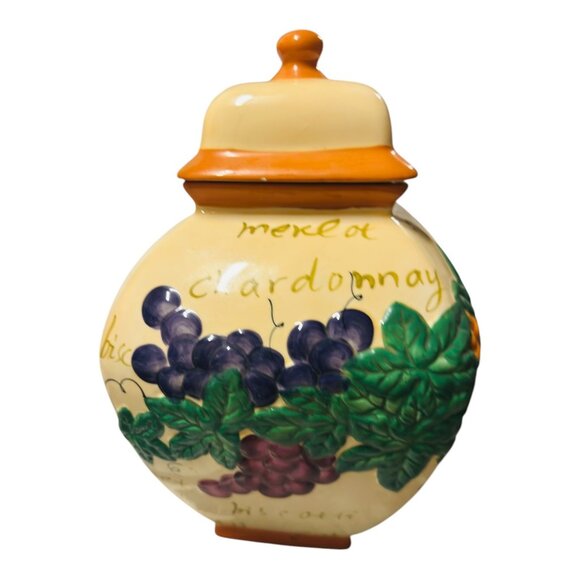 Vintage Nonni’s Handpainted Ceramic Biscotti Jar With Lid Grapes & Text  12.5 “ - Picture 2 of 10